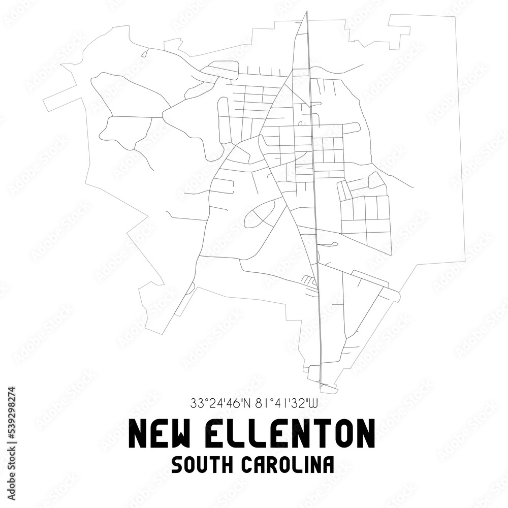 New Ellenton South Carolina. US street map with black and white lines.