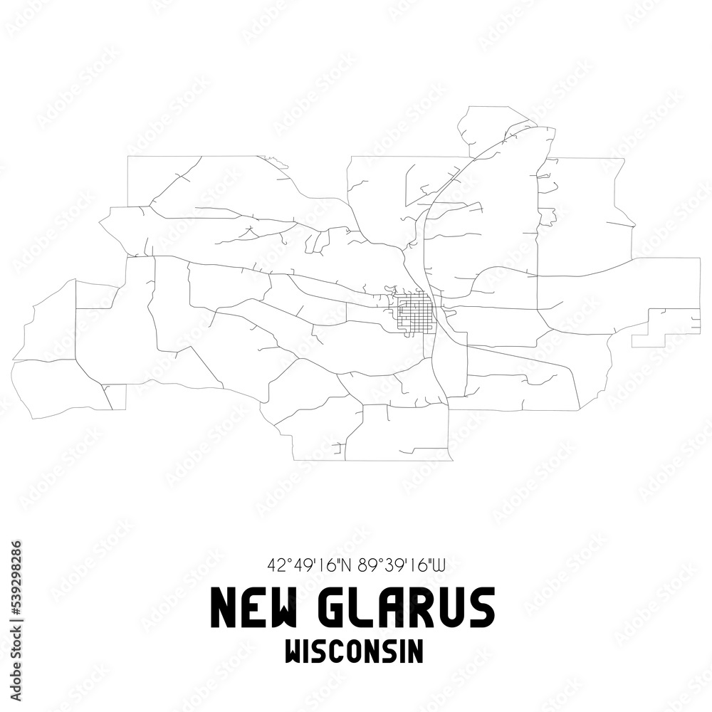 New Glarus Wisconsin. US street map with black and white lines.