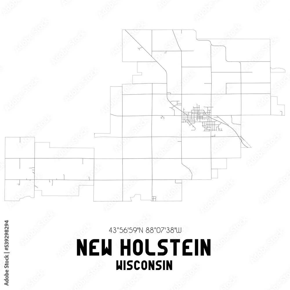 New Holstein Wisconsin. US street map with black and white lines.