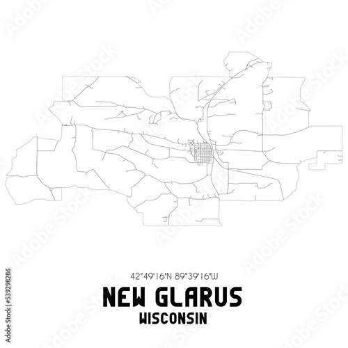 New Glarus Wisconsin. US street map with black and white lines.