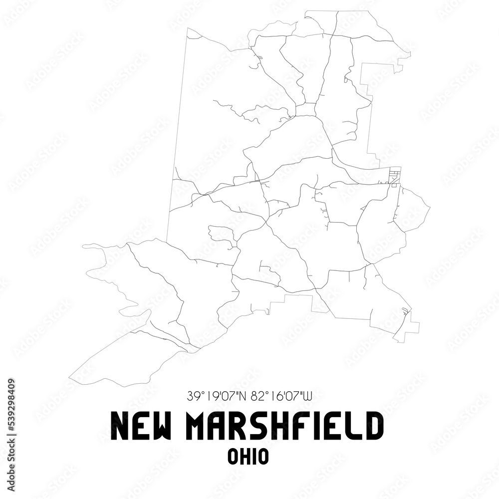 New Marshfield Ohio. US street map with black and white lines.