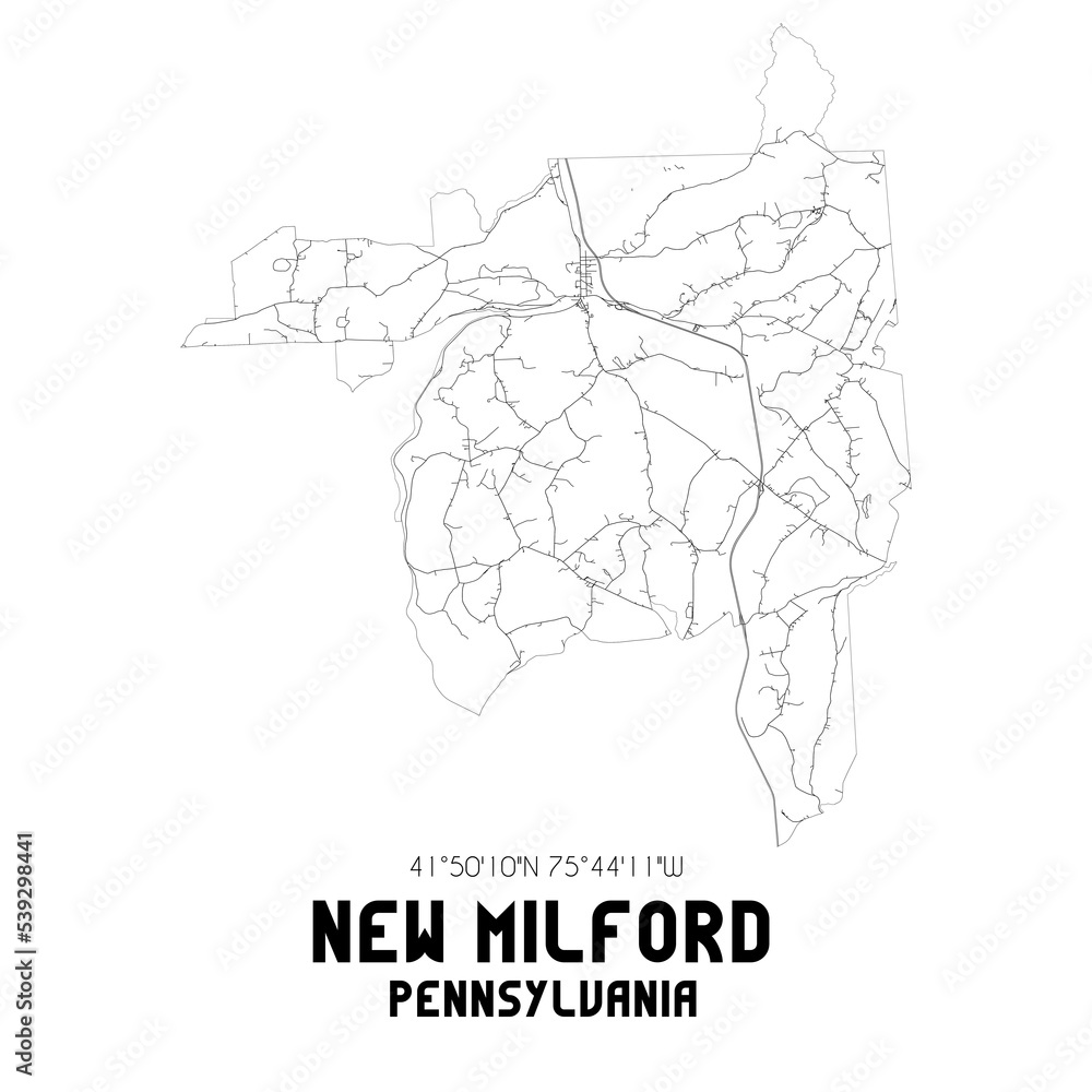 New Milford Pennsylvania. US street map with black and white lines.