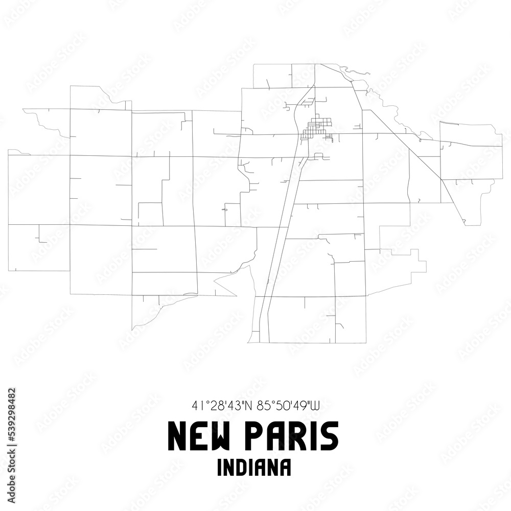 New Paris Indiana. US street map with black and white lines.