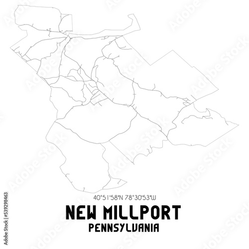 New Millport Pennsylvania. US street map with black and white lines.
