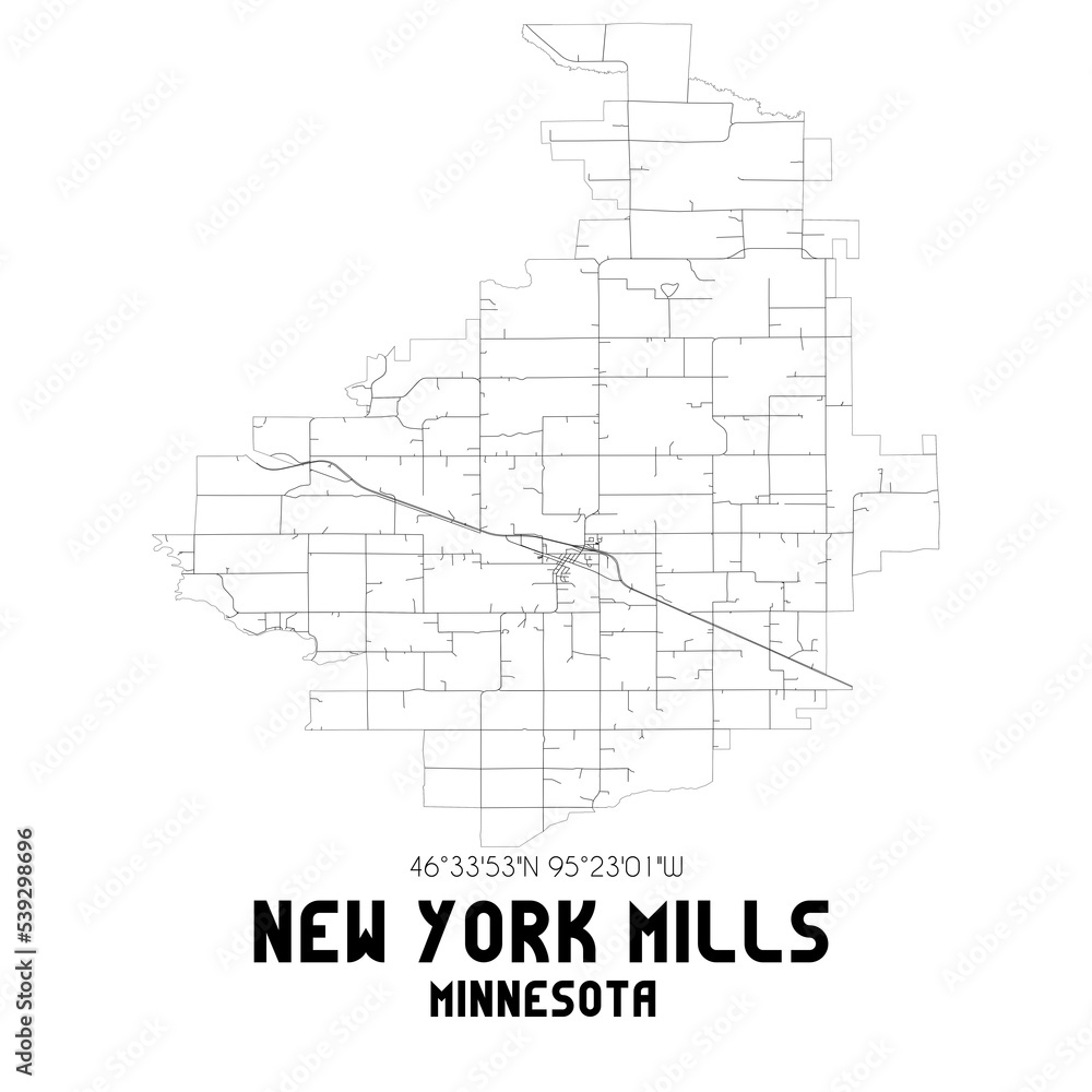 New York Mills Minnesota. US street map with black and white lines. New York Mills Minnesota. US street map with black and white lines.