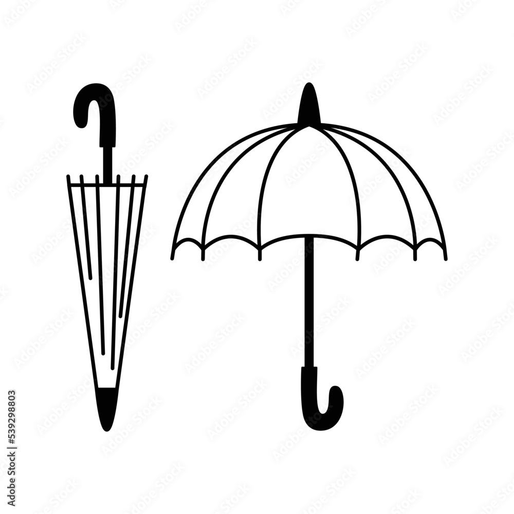 Set of icons of umbrellas in different types of position. Outline