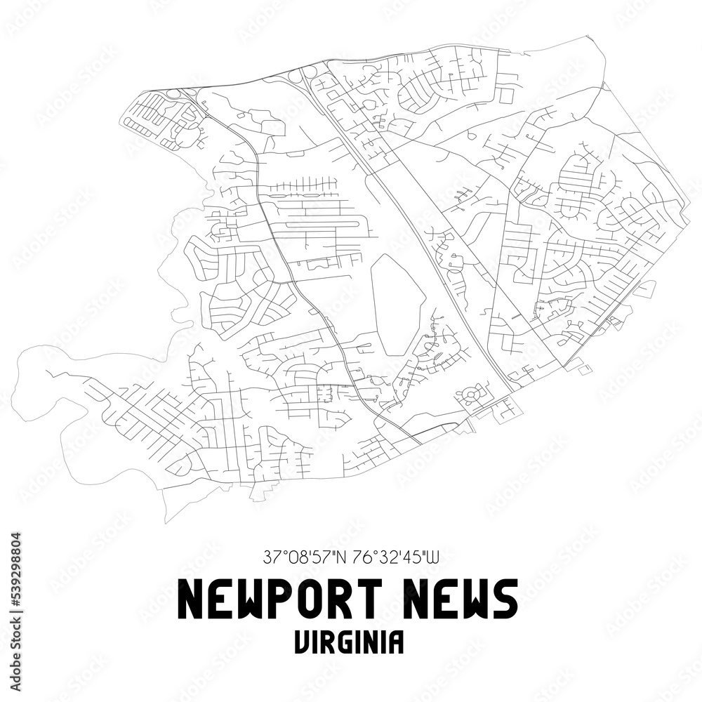 Newport News Virginia. US street map with black and white lines.