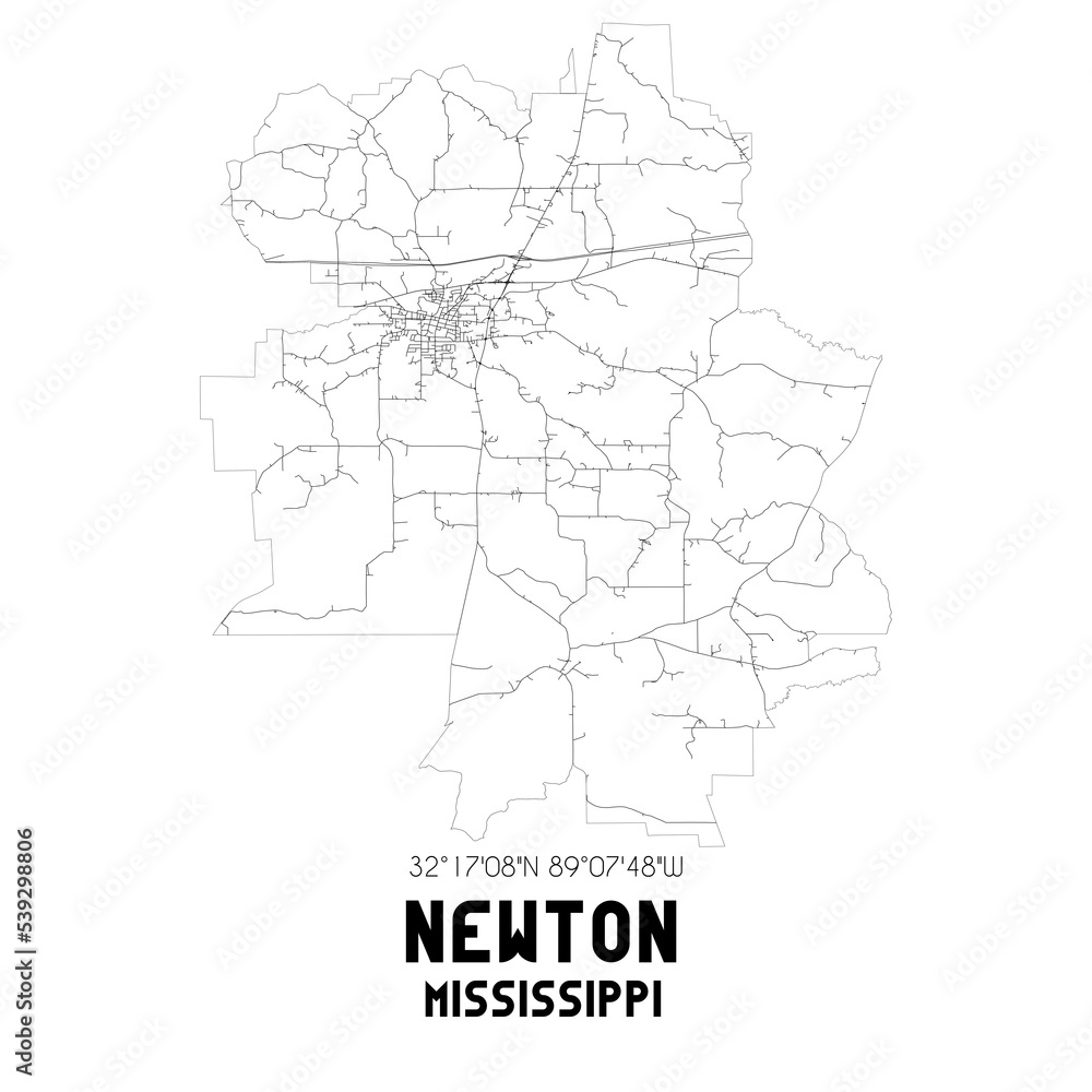Newton Mississippi. US street map with black and white lines.