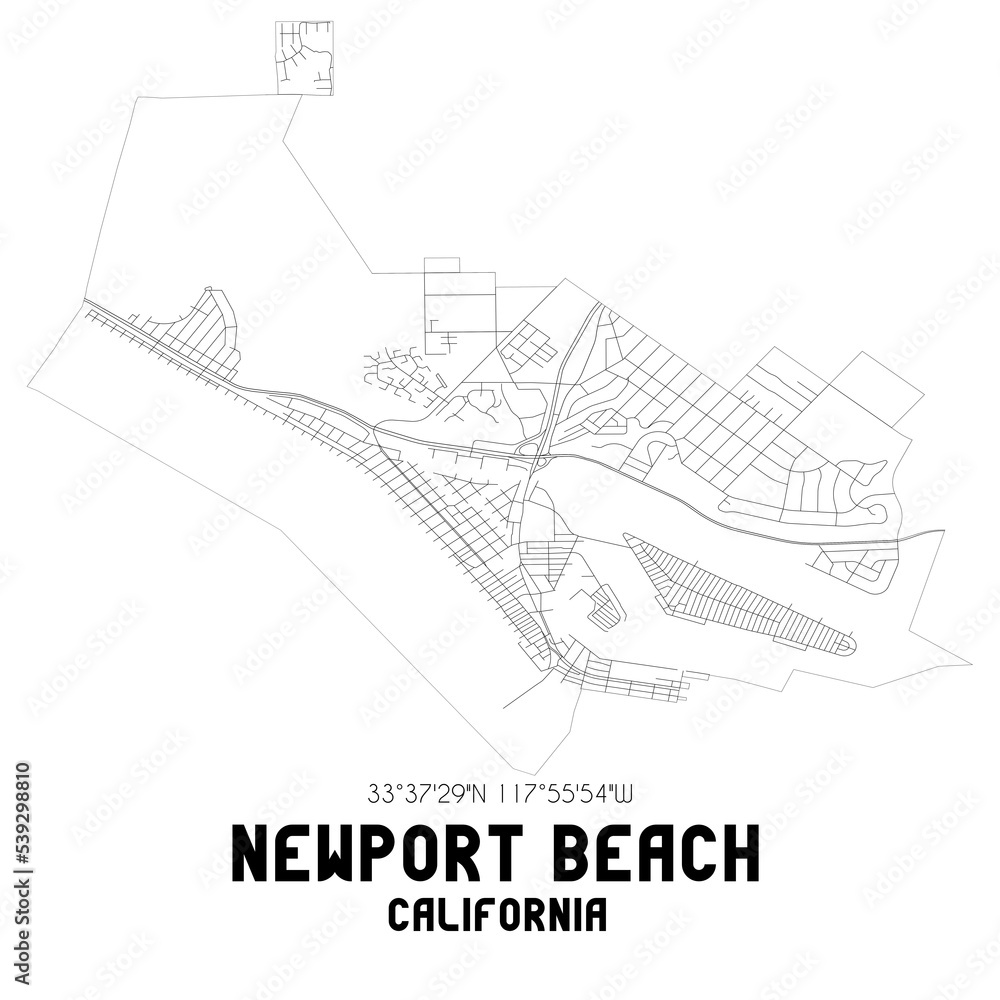 Newport Beach California. US street map with black and white lines.