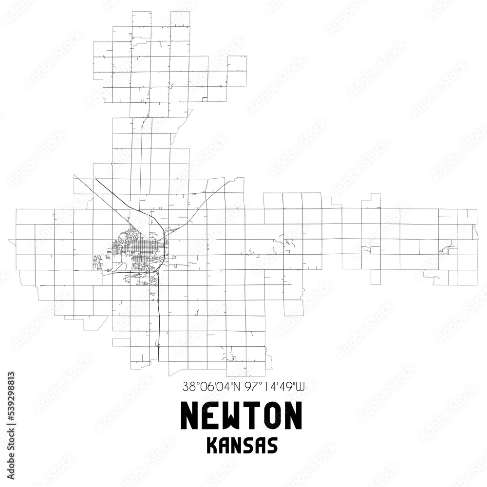 Newton Kansas. US street map with black and white lines.