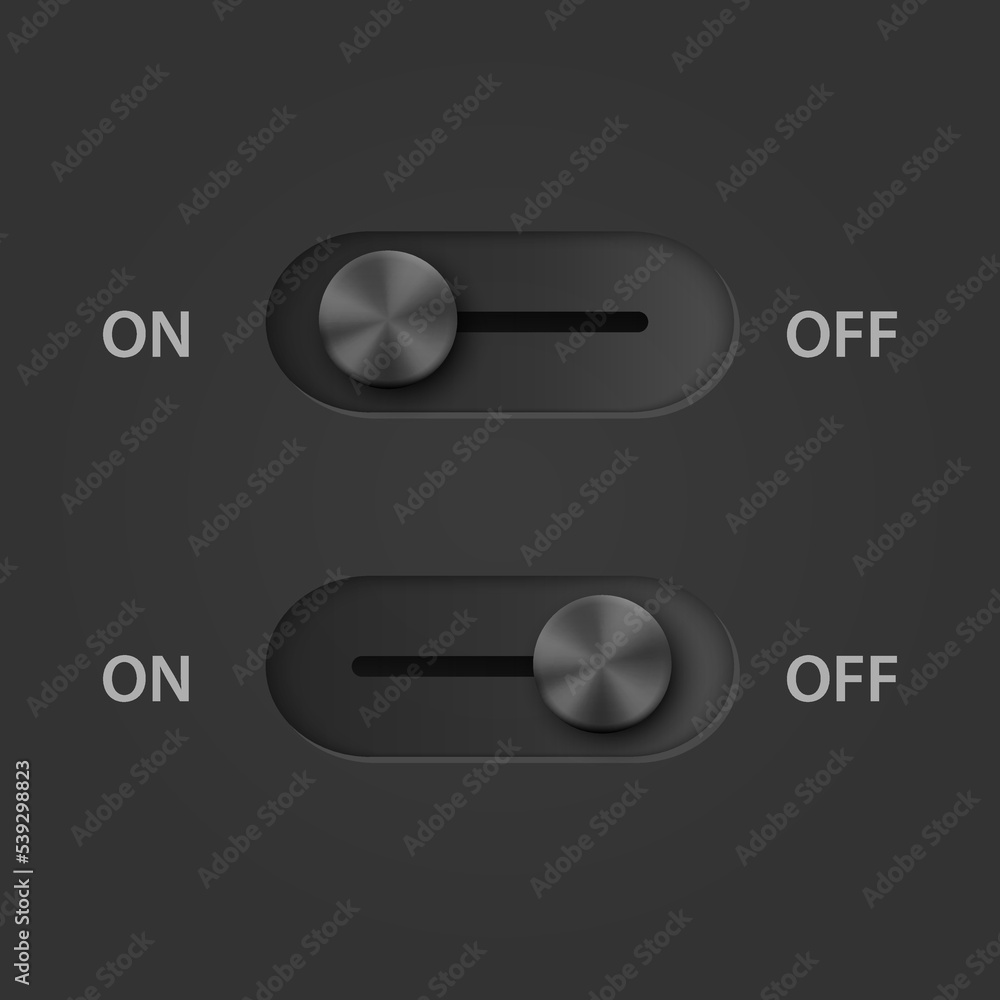 Vector 3d Black Realistic On Off Switch Buttons Closeup. Player Buttons Choice Concept. Yes or No , Plus or Minus Vector 3d Black Realistic On Off Switch Buttons Closeup. Player Buttons Choice Concept. Yes or No , Plus or Minus