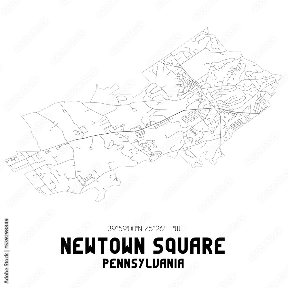 Newtown Square Pennsylvania. US street map with black and white lines.