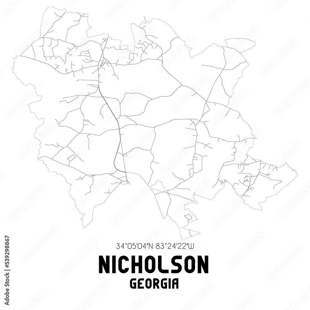 Nicholson Georgia. US street map with black and white lines.