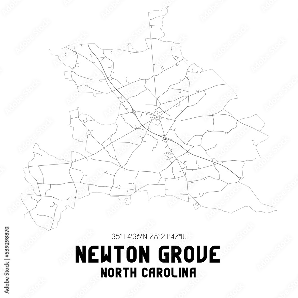 Newton Grove North Carolina. US street map with black and white lines.