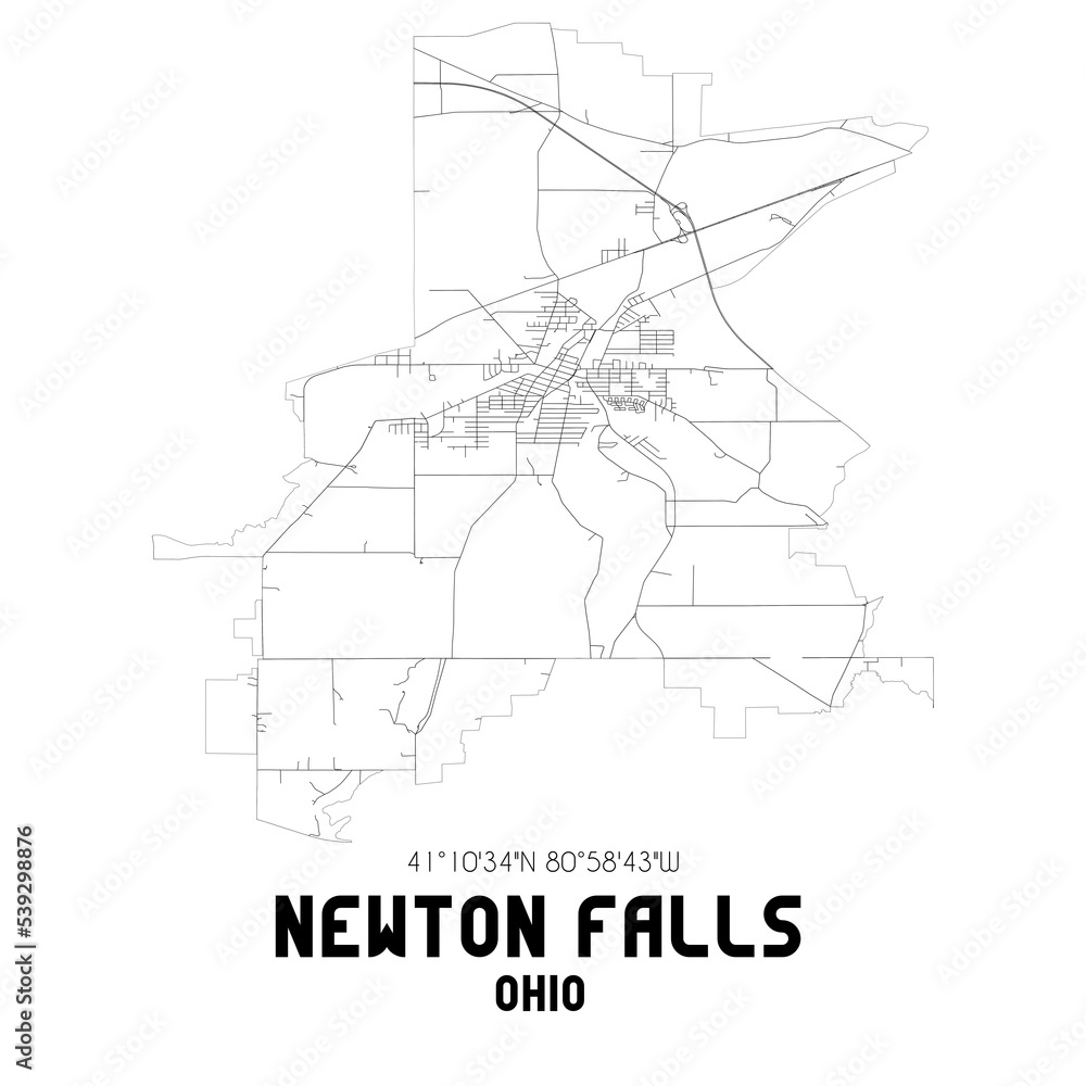 Newton Falls Ohio. US street map with black and white lines.