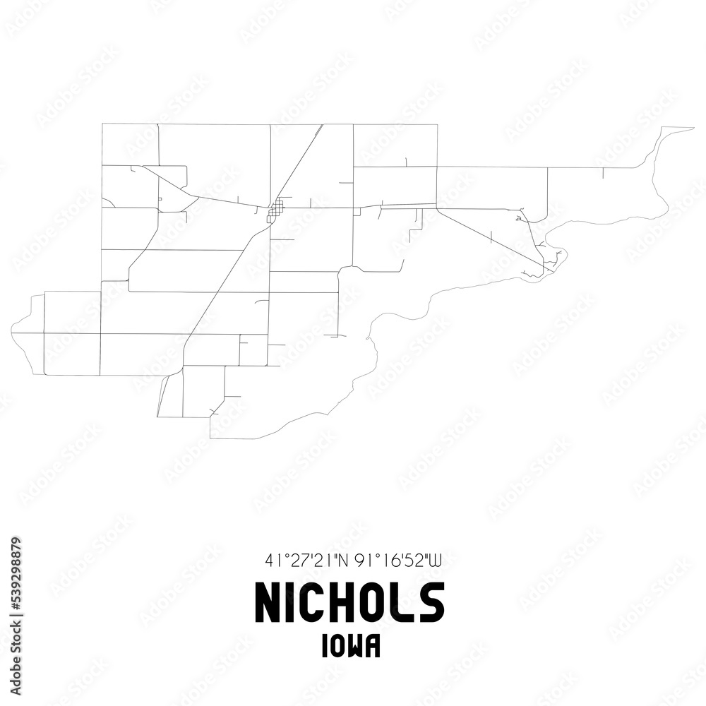 Nichols Iowa. US street map with black and white lines.