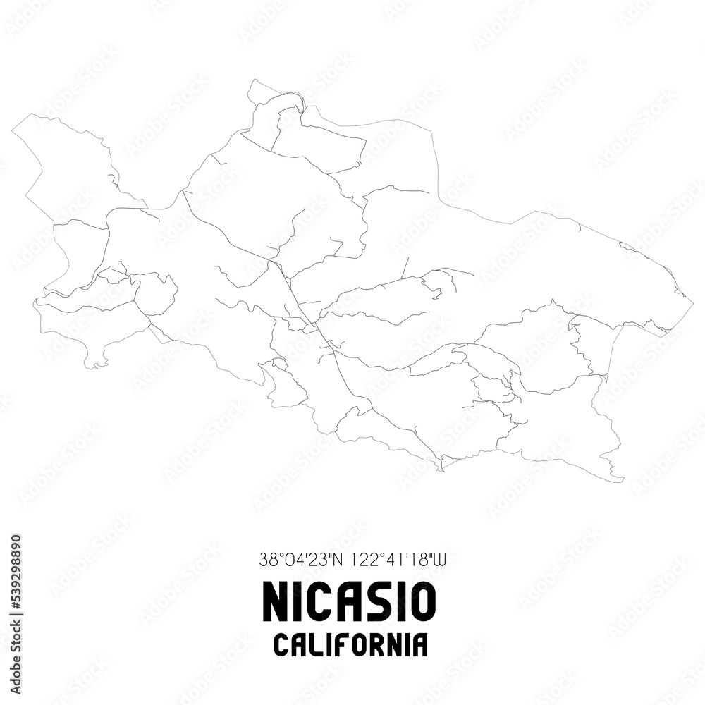 Nicasio California. US street map with black and white lines.