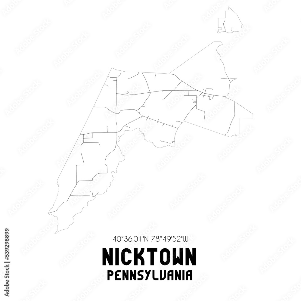 Nicktown Pennsylvania. US street map with black and white lines.