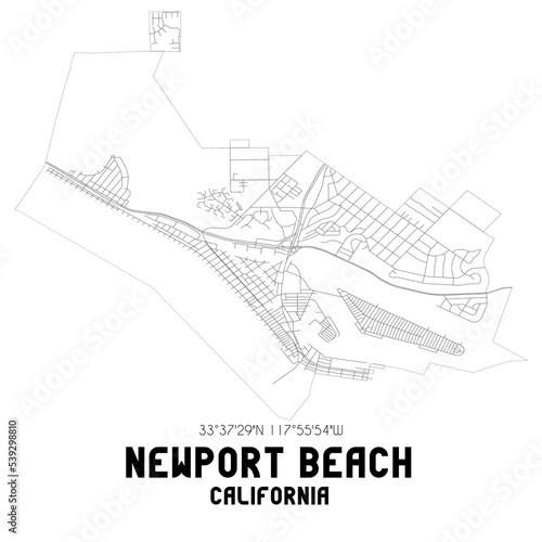 Newport Beach California. US street map with black and white lines.
