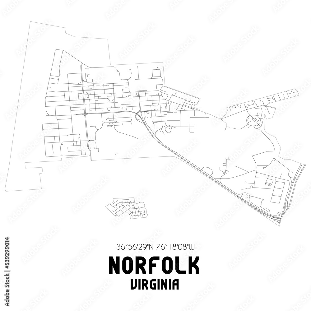 Norfolk Virginia. US street map with black and white lines.