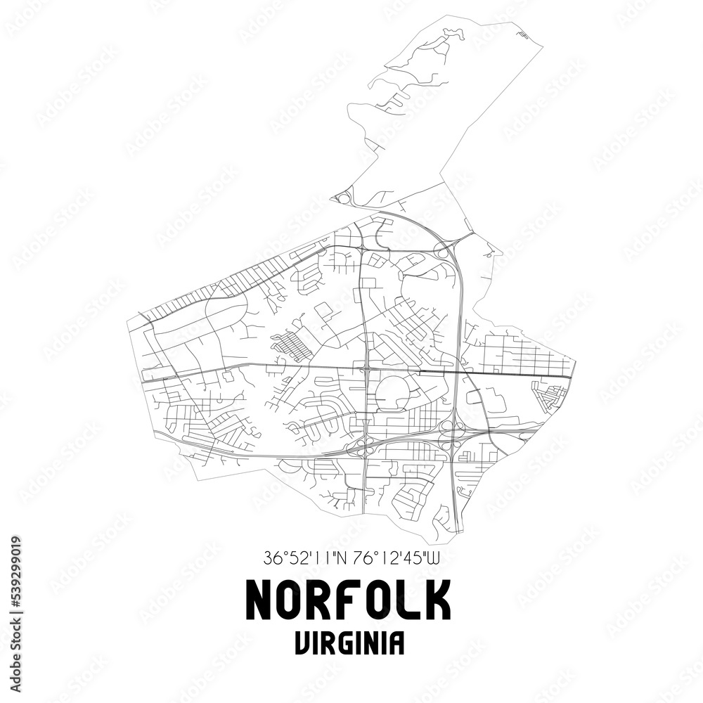 Norfolk Virginia. US street map with black and white lines.