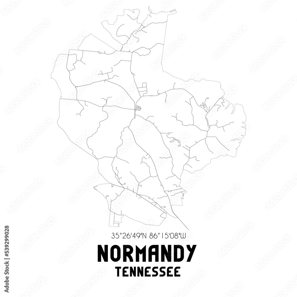 Normandy Tennessee. US street map with black and white lines.