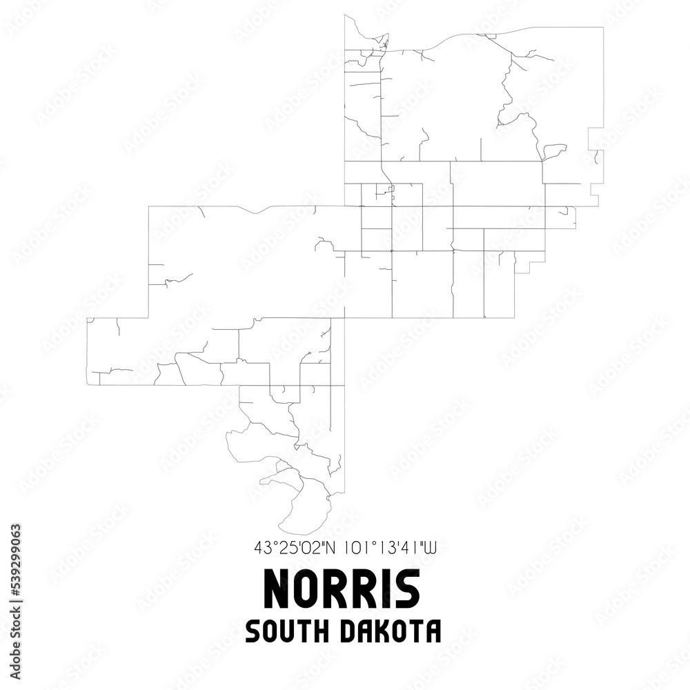 Norris South Dakota. US street map with black and white lines.