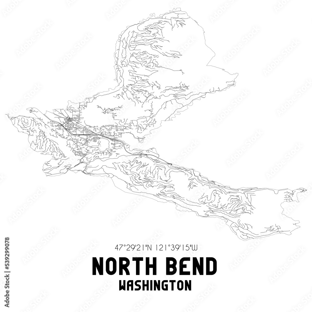 North Bend Washington. US street map with black and white lines.