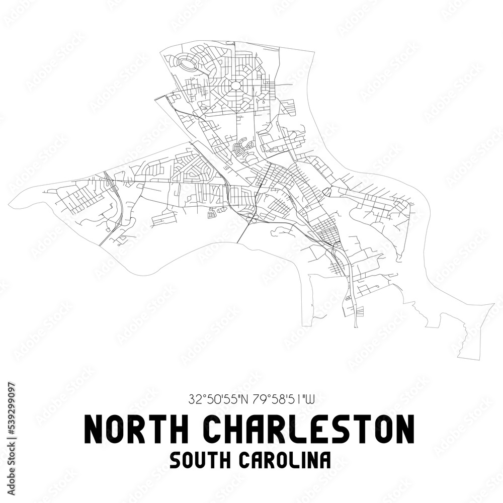 North Charleston South Carolina. US street map with black and white lines.
