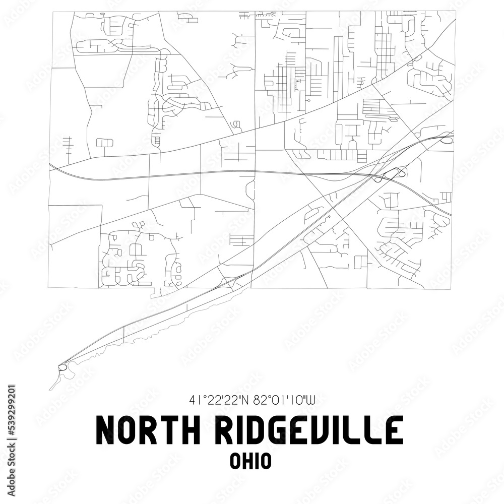 North Ridgeville Ohio. US street map with black and white lines.