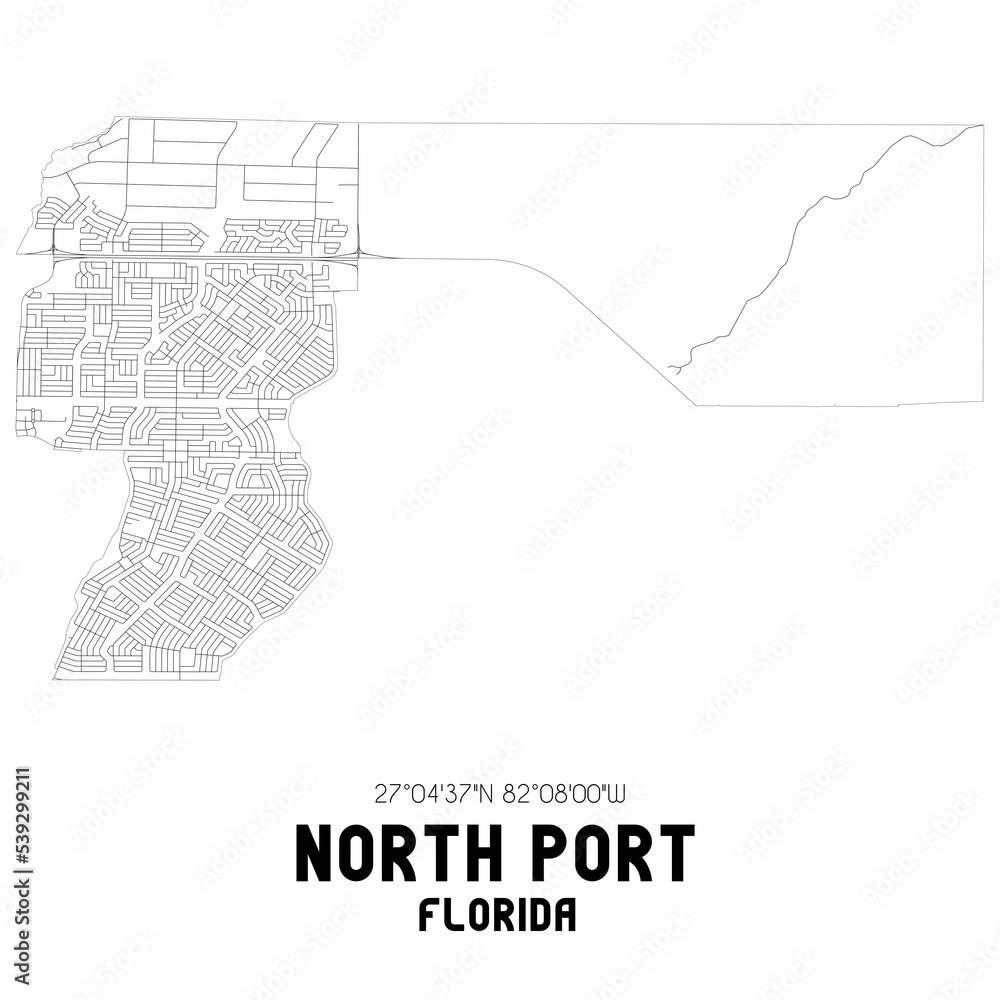 North Port Florida. US street map with black and white lines.