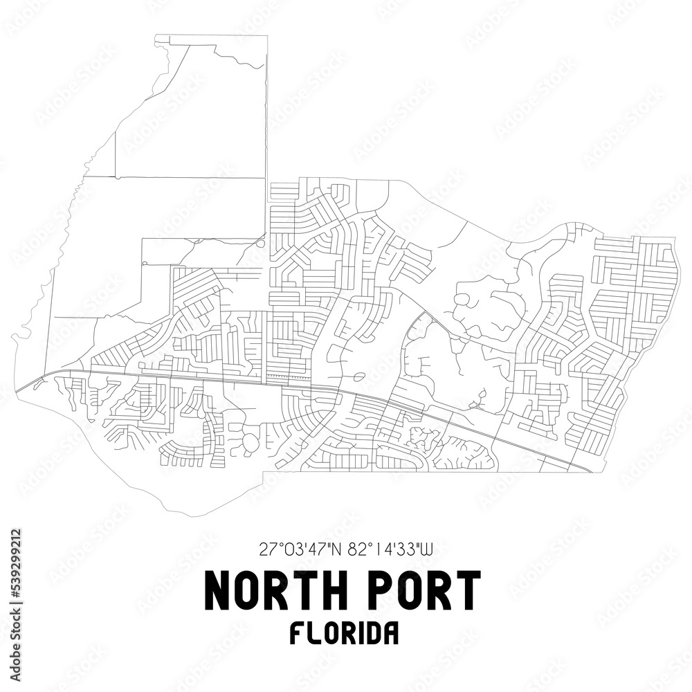 North Port Florida. US street map with black and white lines.