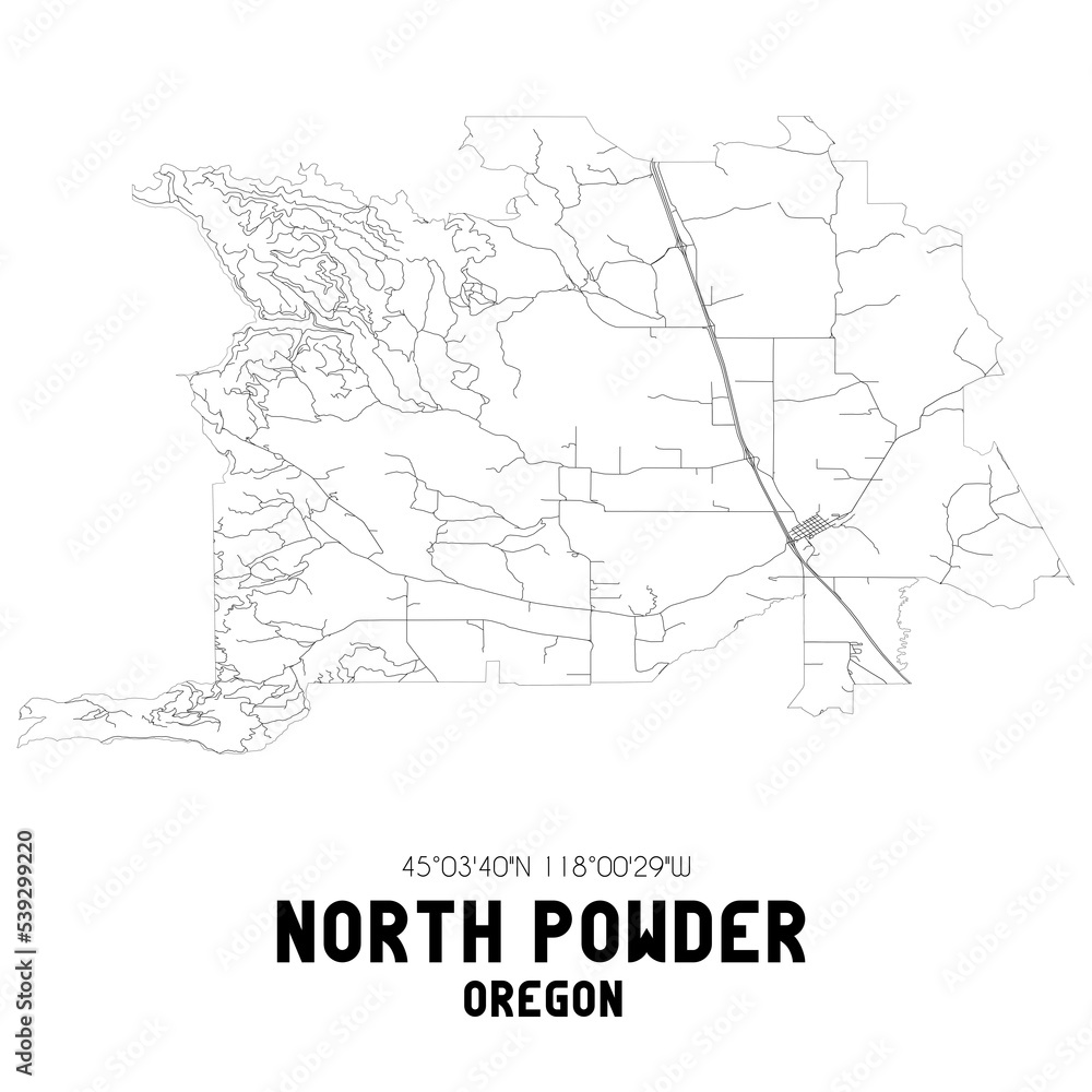 North Powder Oregon. US street map with black and white lines.