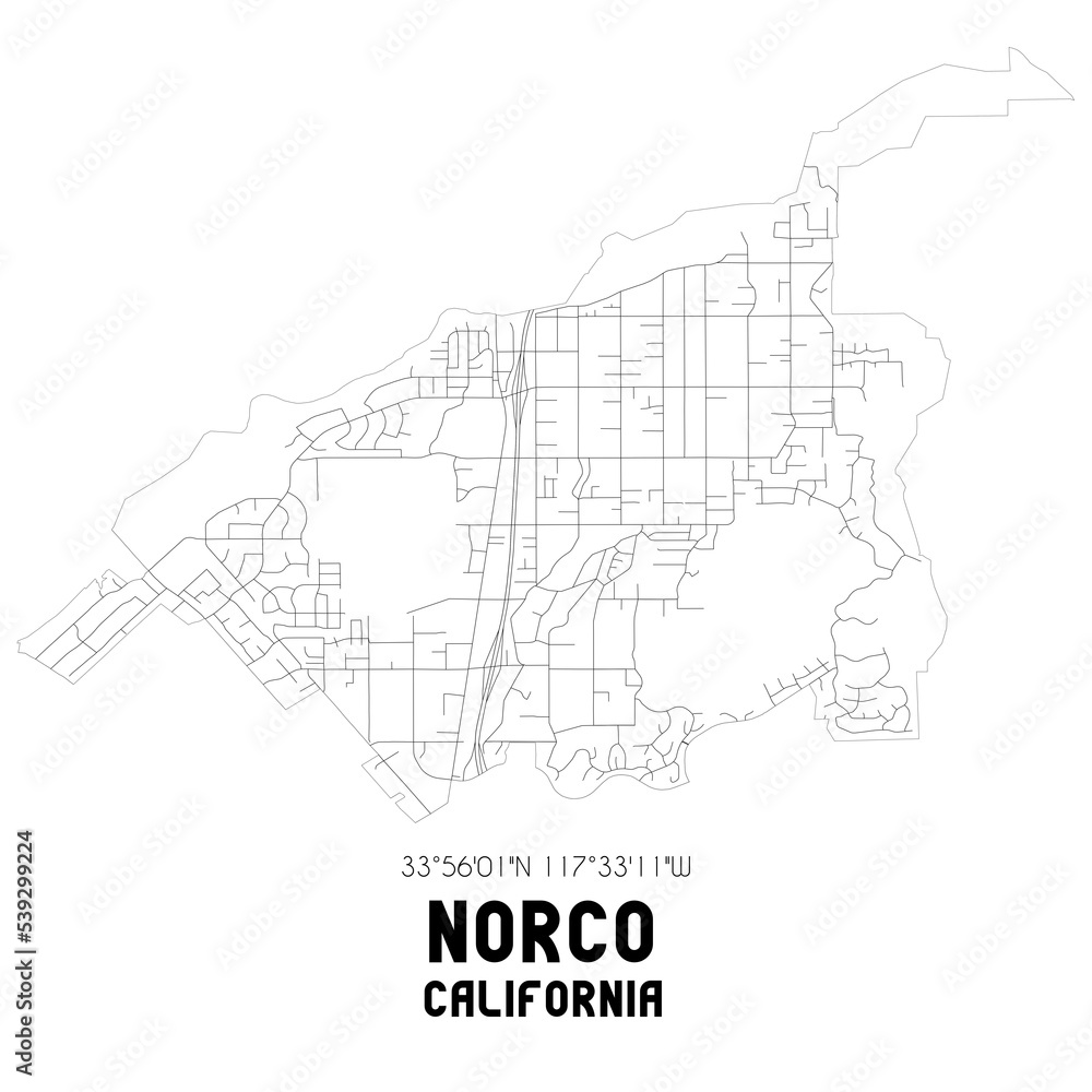 Norco California. US street map with black and white lines.