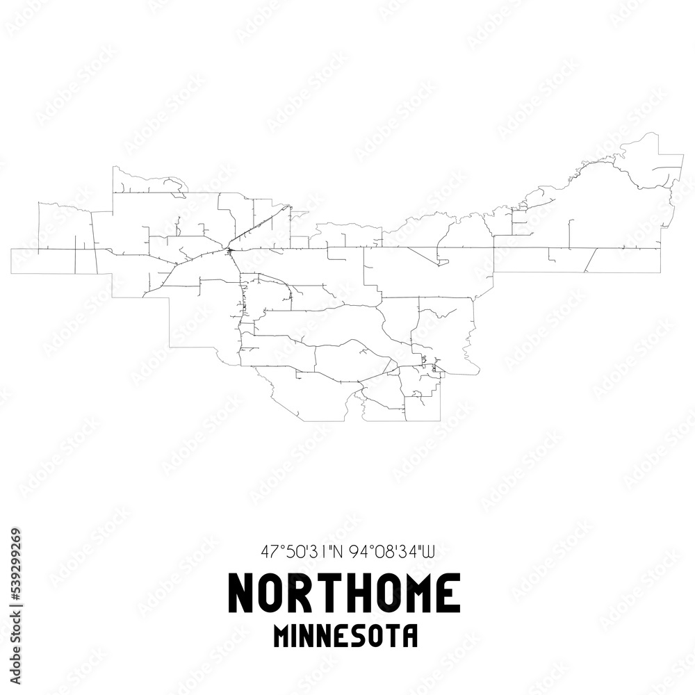Northome Minnesota. US street map with black and white lines.