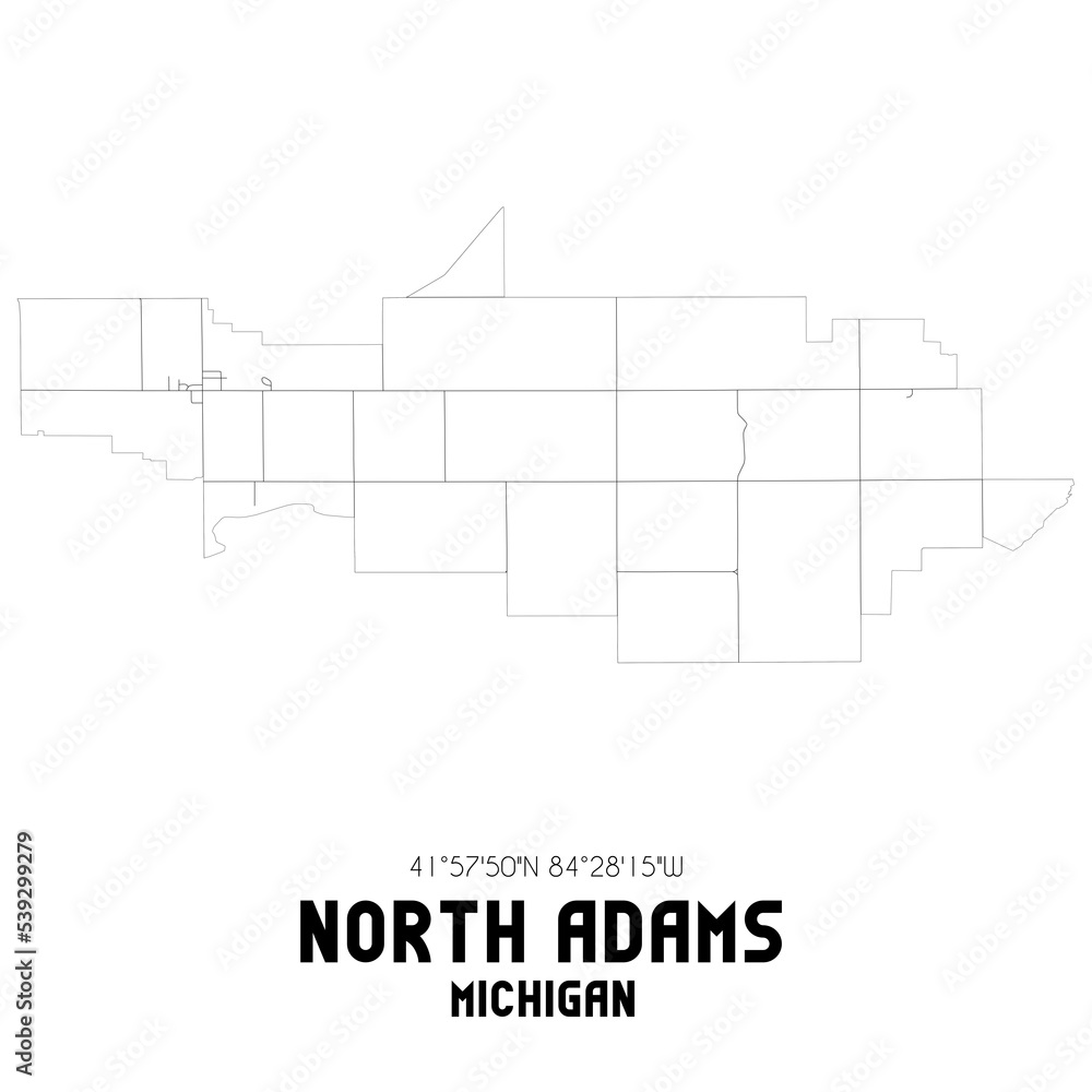 North Adams Michigan. US street map with black and white lines.