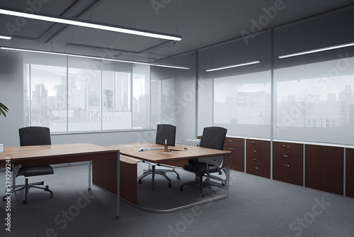 Office room with furniture for employees. Office room mockup with tables and chairs. Open space interior for office workers.  For the placement of corporate attributes of the company. 3D office render