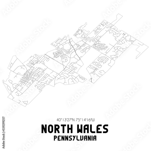 North Wales Pennsylvania. US street map with black and white lines.