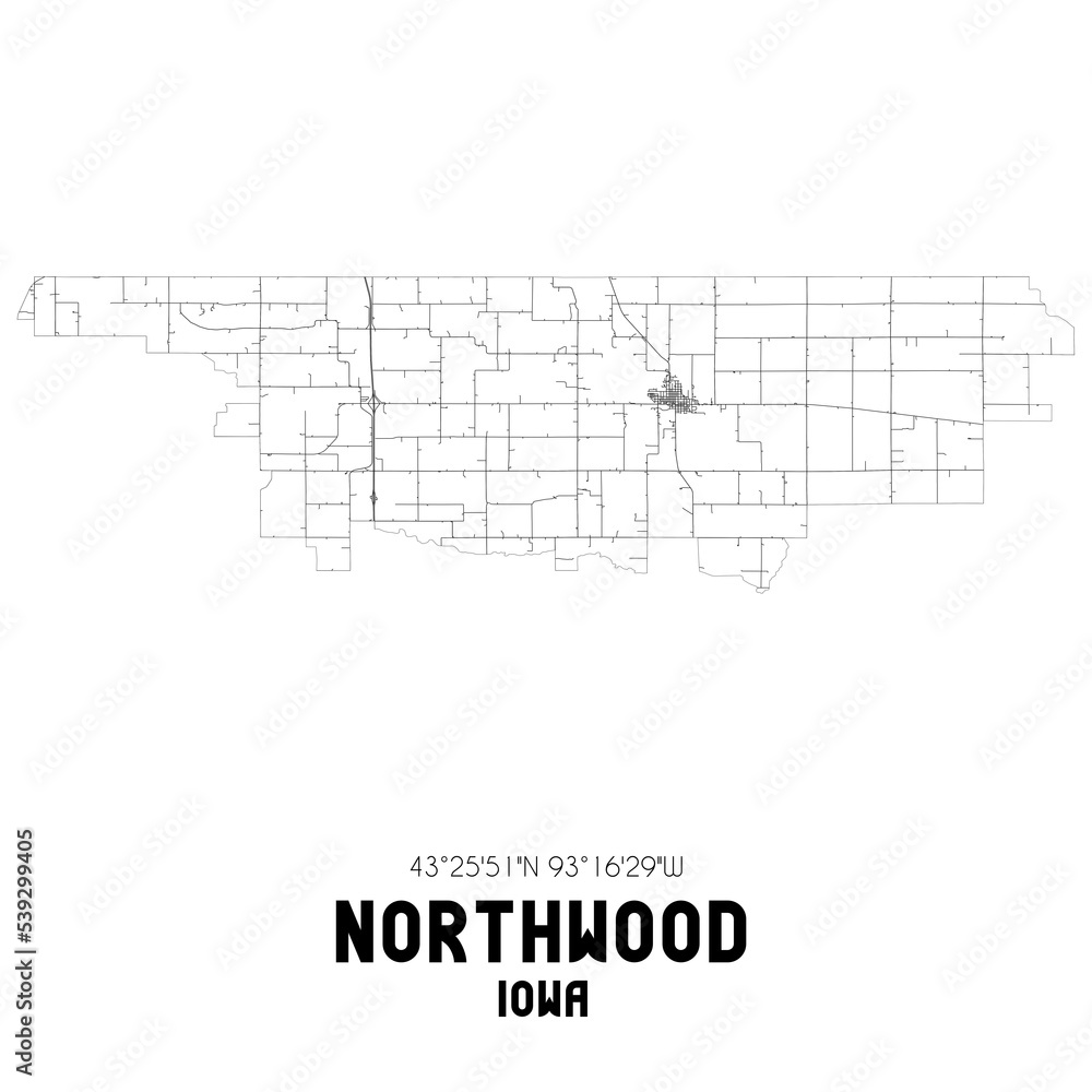 Northwood Iowa. US street map with black and white lines.