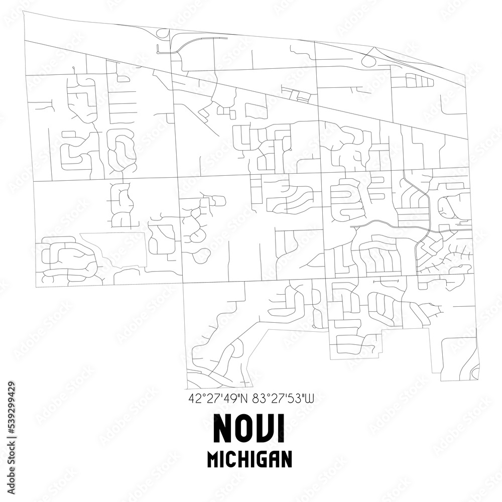 Novi Michigan. US street map with black and white lines.