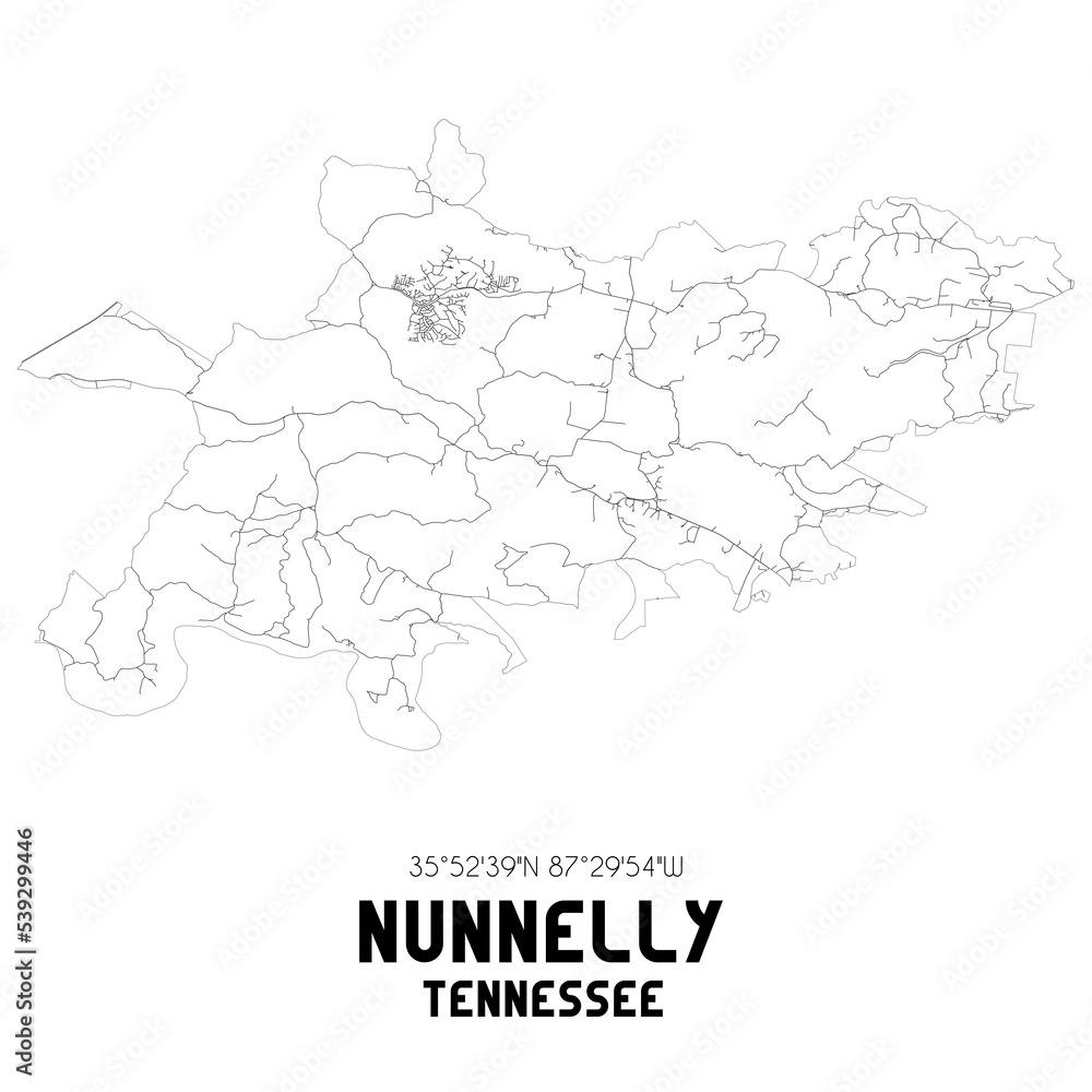 Nunnelly Tennessee. US street map with black and white lines.