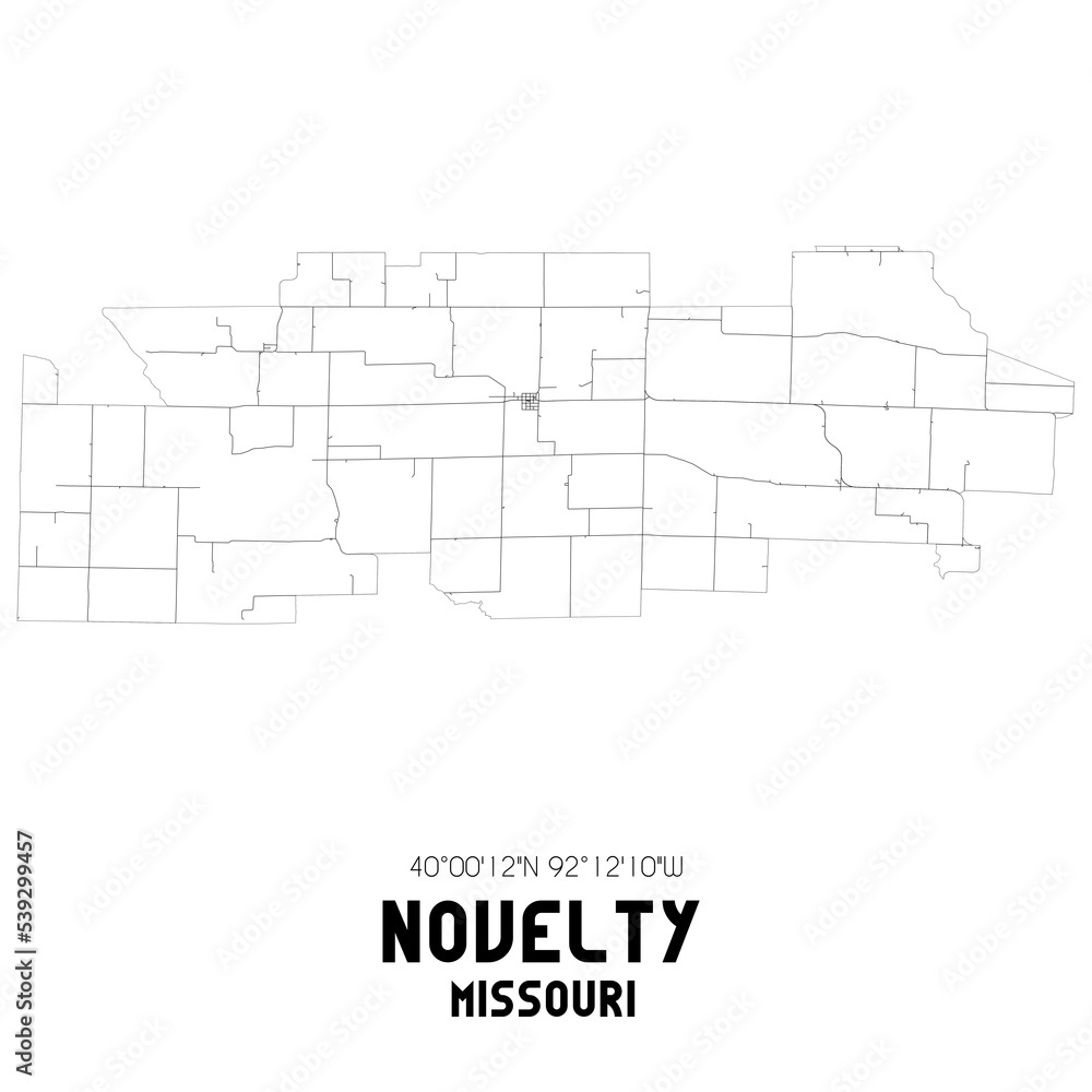 Novelty Missouri. US street map with black and white lines.