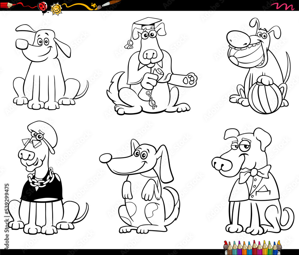 Fototapeta premium cartoon dogs or puppies characters set coloring page