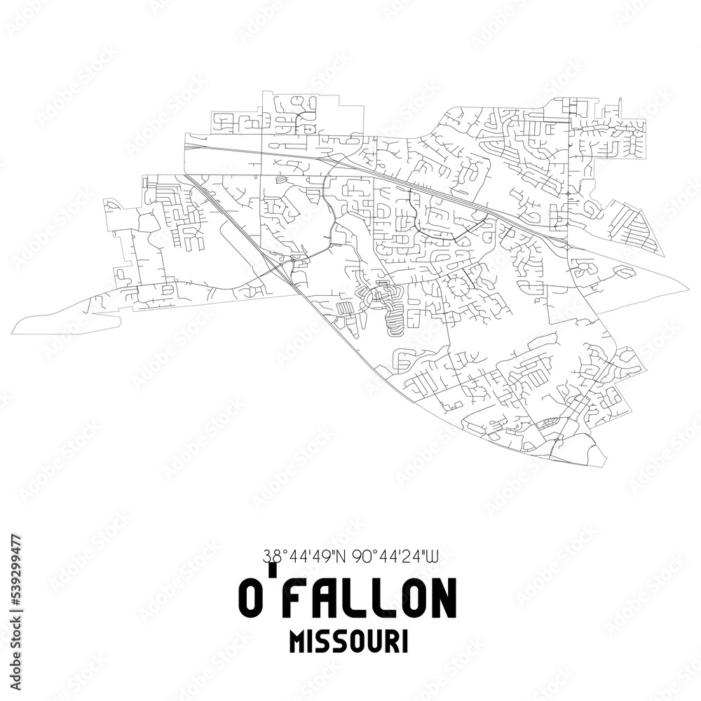 O'Fallon Missouri. US street map with black and white lines.