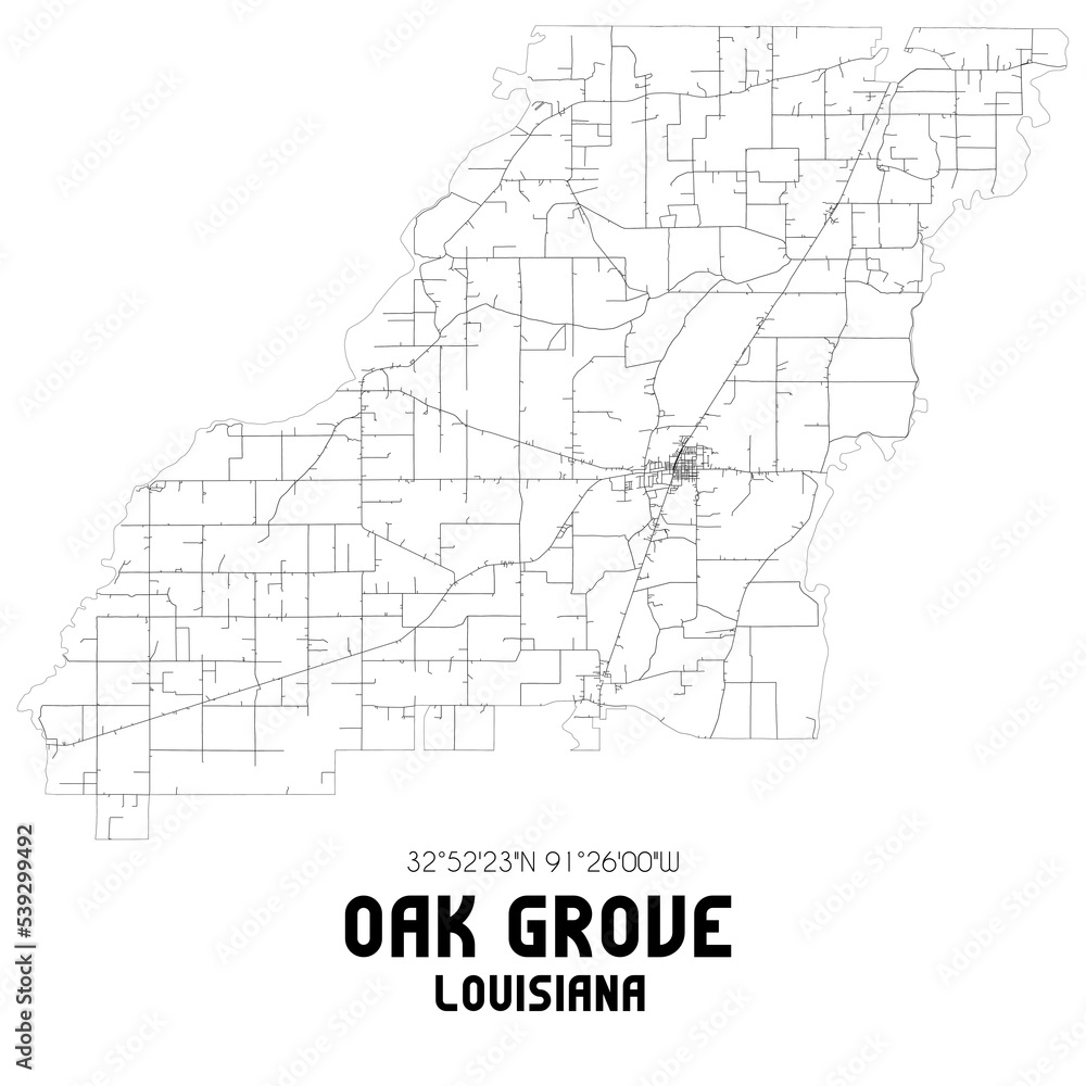 Oak Grove Louisiana. US street map with black and white lines.