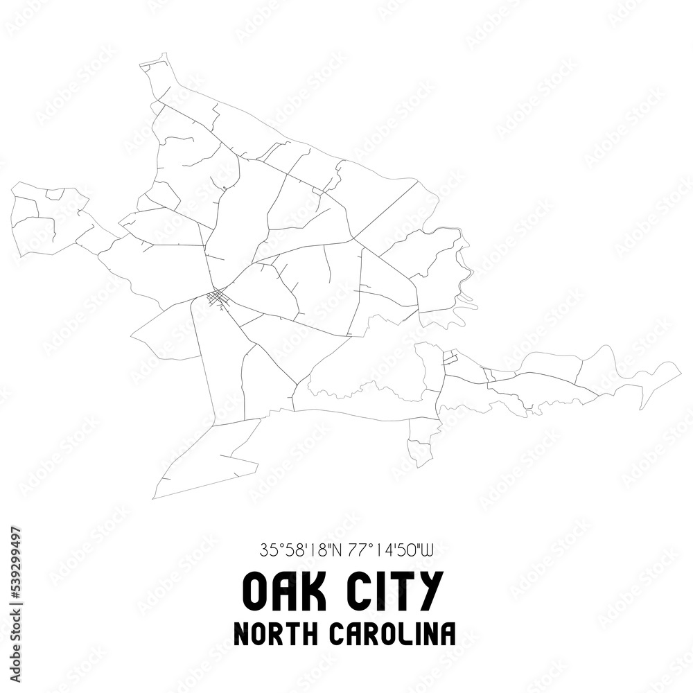 Oak City North Carolina. US street map with black and white lines.