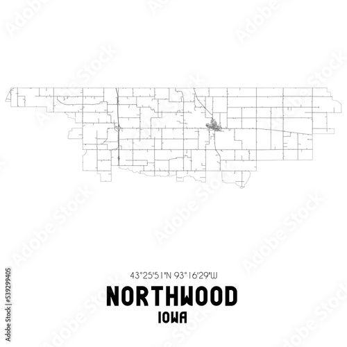 Northwood Iowa. US street map with black and white lines.