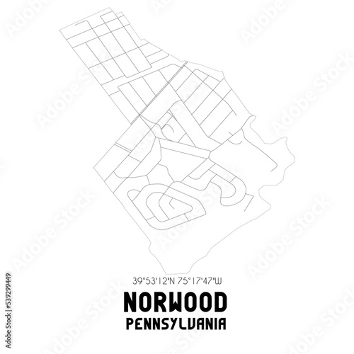 Norwood Pennsylvania. US street map with black and white lines.