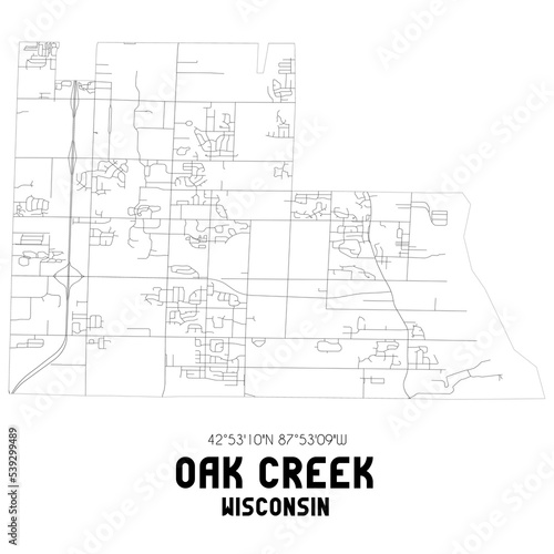Oak Creek Wisconsin. US street map with black and white lines.