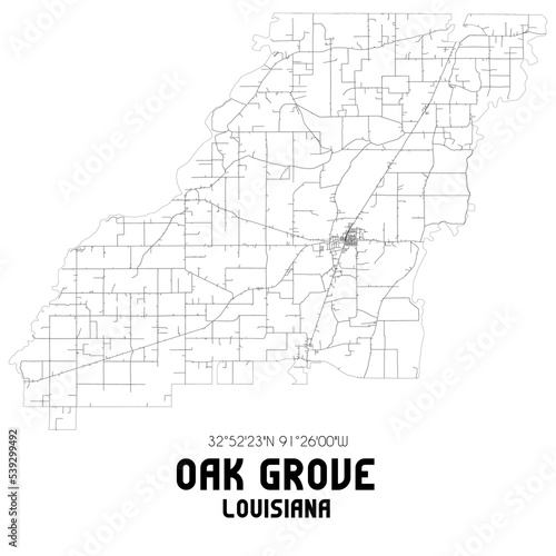 Oak Grove Louisiana. US street map with black and white lines.